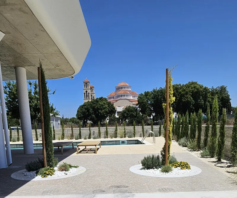 Cypresses in circles of white gravel on the courtyard by the pool