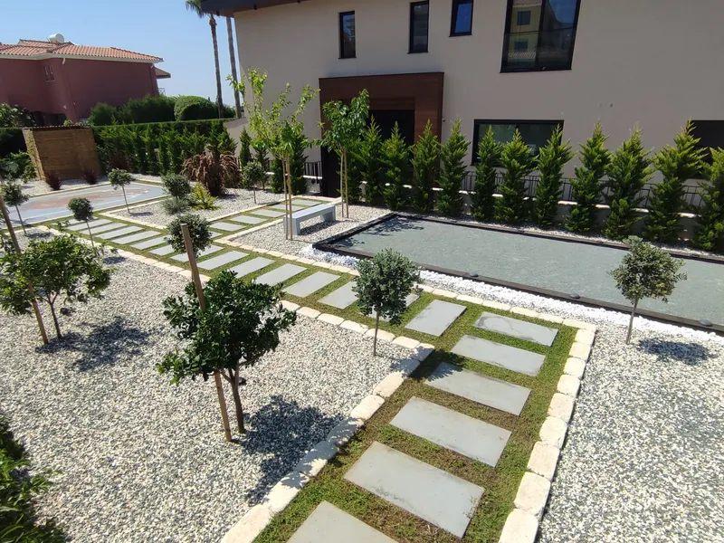 After: the gravel garden, with stepping stones in green strips, young trees and the pétanque court
