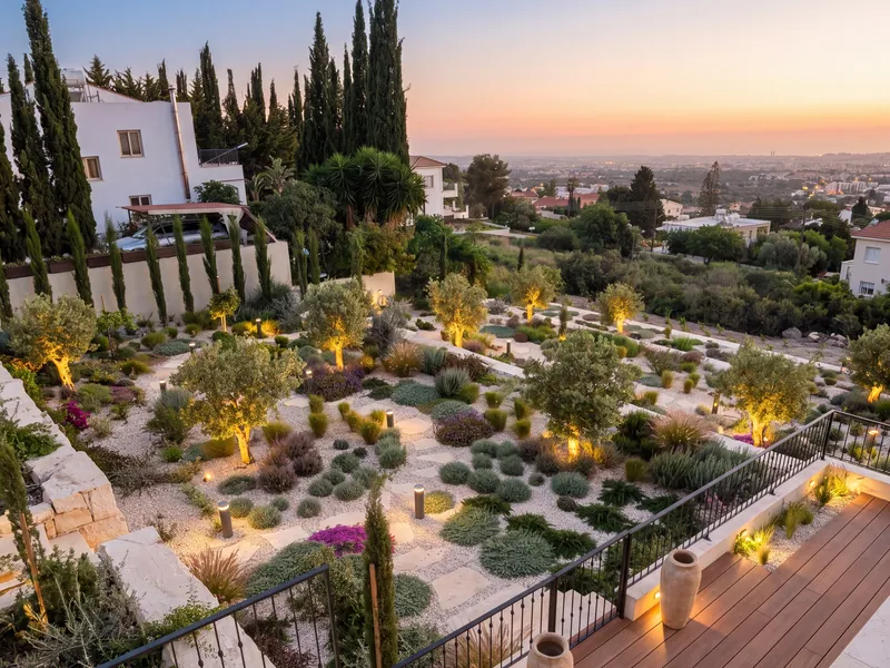 After: the terraces planted with olive trees, grasses and lavender, lit at dusk, seen from the balcony