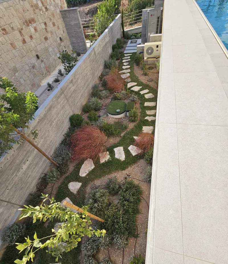 A long, narrow garden of stepping stones, grasses and red-leaved shrubs between a concrete wall and the pool, seen from above