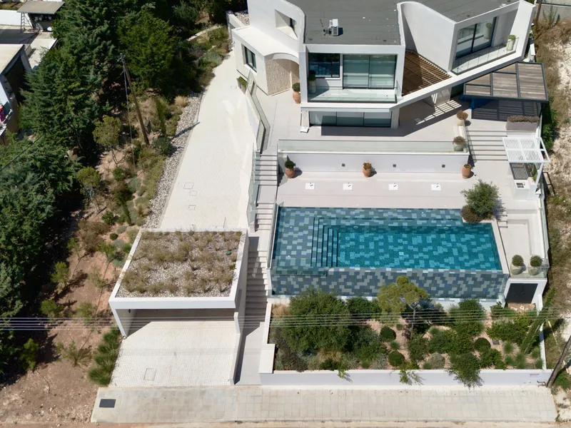 A modern white house with a mosaic-tiled pool, a roof of grasses over the carport and a planted bed along the street, seen from above