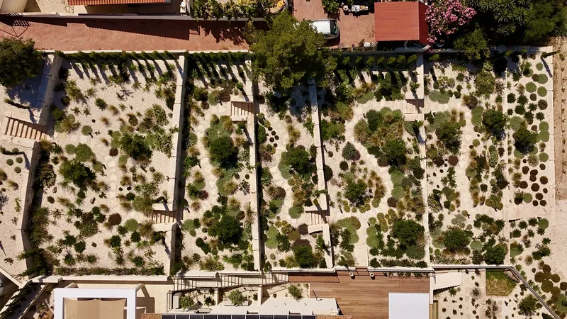 Terraces divided by walls, with winding gravel paths between the planting, seen from above