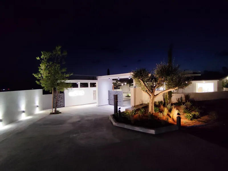 The entrance at night, the olive tree lit in its planted bed