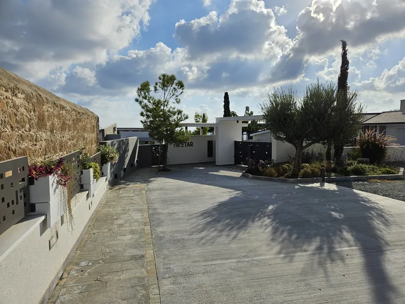 The drive up to the entrance, with olive trees in a planted bed