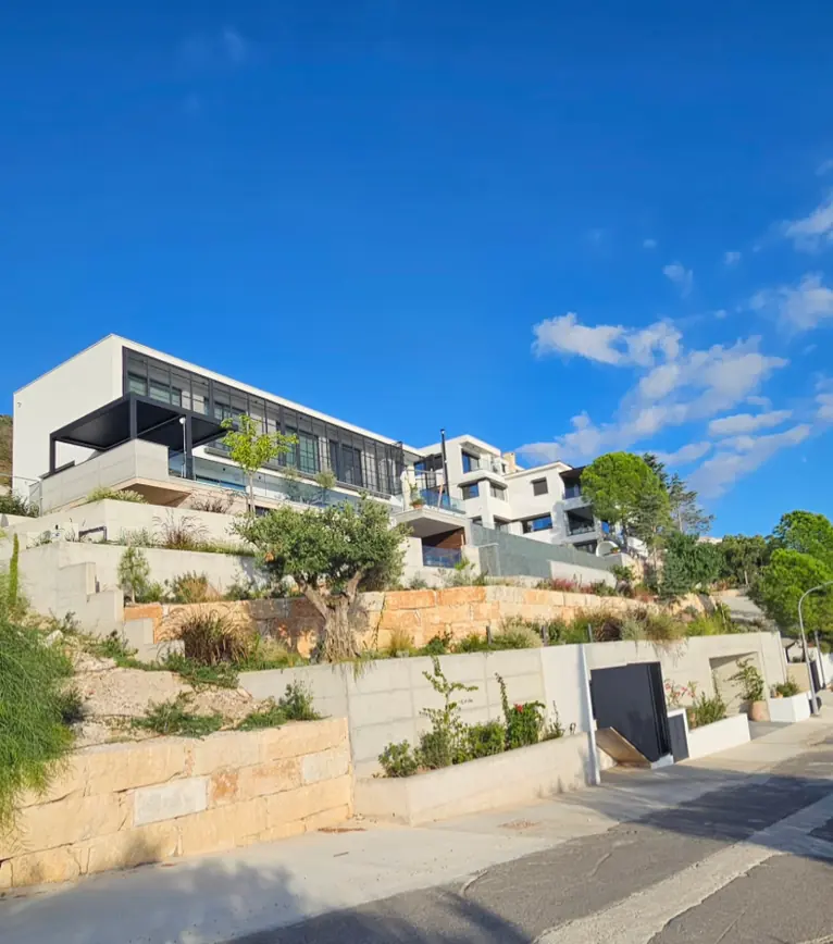 Hillside landscape design in Paphos: terraced planting with an olive tree below modern villas