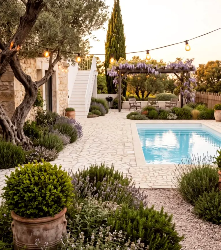 Pool terrace garden in Cyprus with an olive tree, a wisteria pergola, lavender and potted topiary