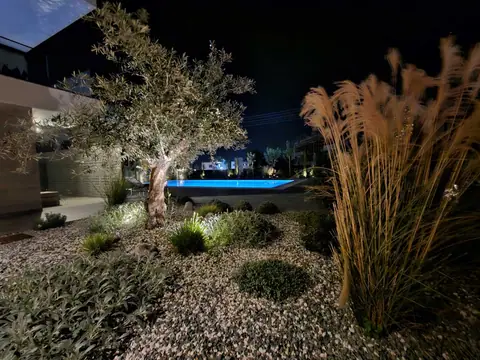 A private garden designed by Antoine Garden Designer, Paphos — grasses, olive trees, pools & sea, by night