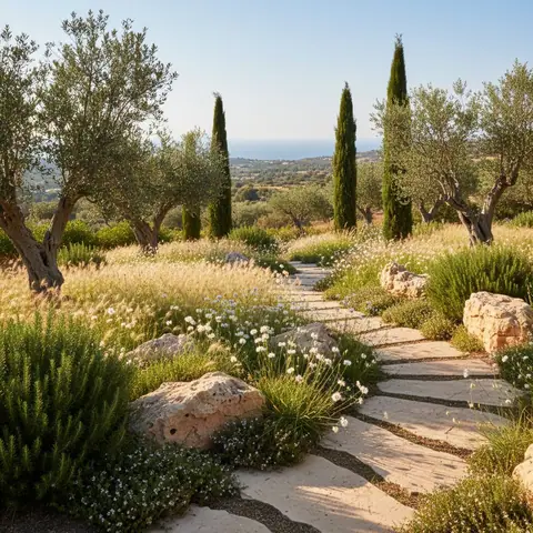 A private garden designed by Antoine Garden Designer, Paphos — paths, grasses, olive trees