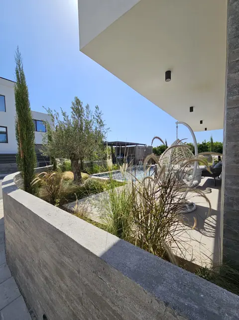 A private garden designed by Antoine Garden Designer, Paphos — grasses, olive trees